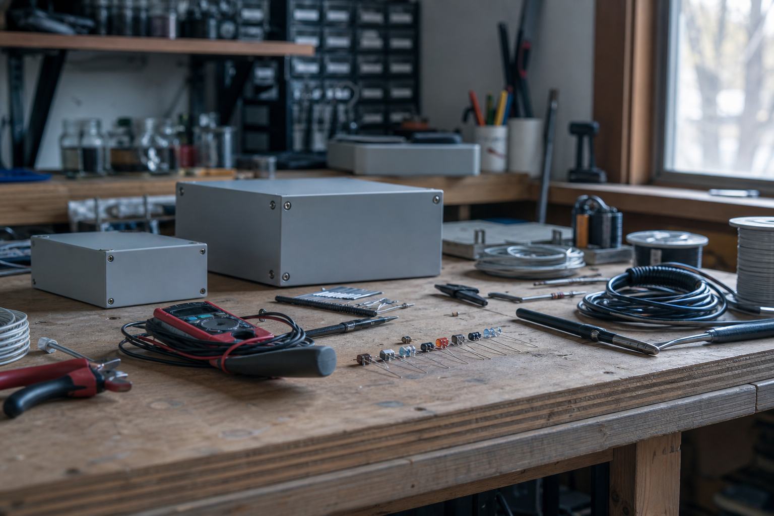Engineering workbench with tools and components