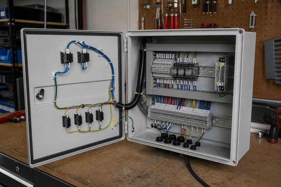 Custom control panel wiring on a workbench