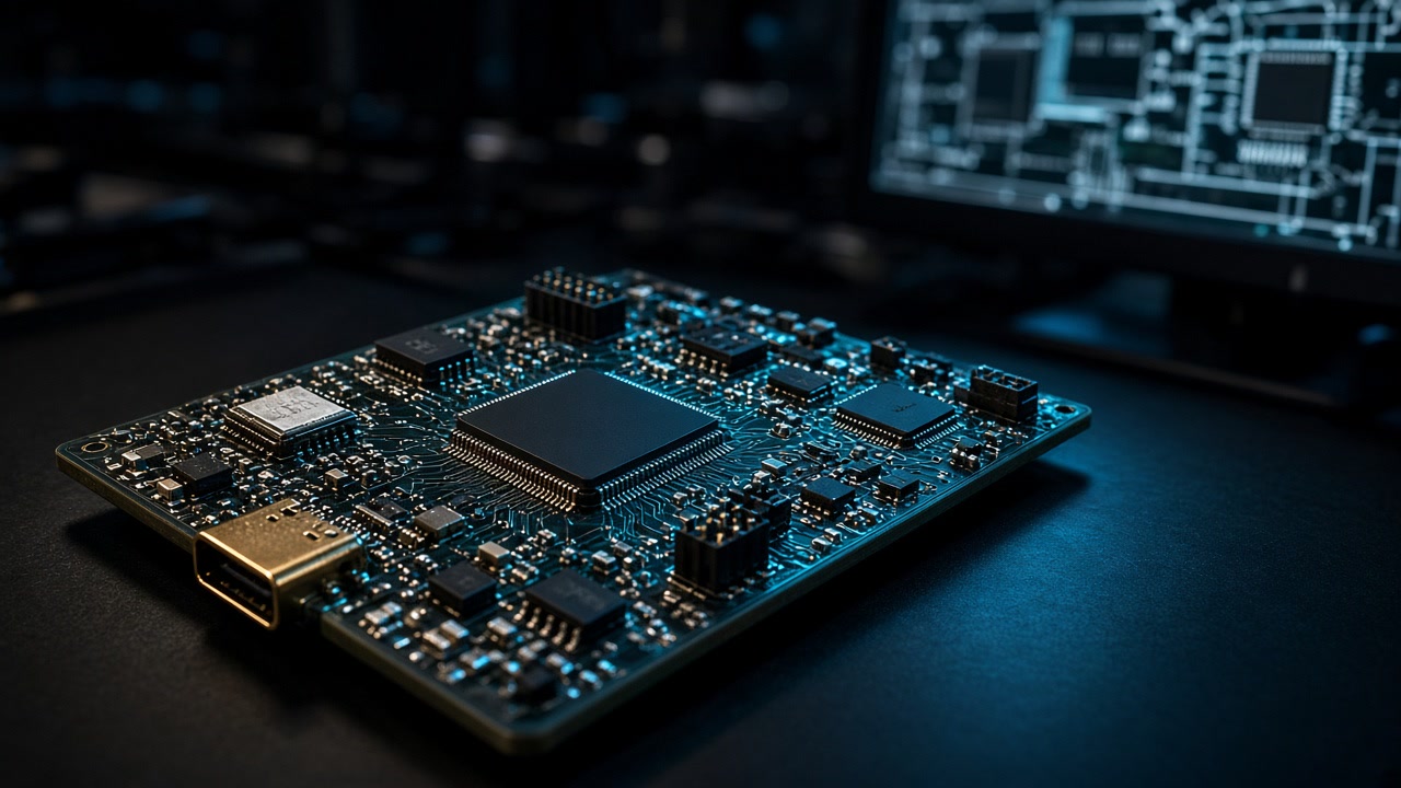 Cinematic close-up of a populated circuit board with a schematic glowing on a monitor